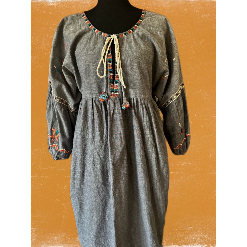 Z&L Dress Grey Embroidered Boho Peasant Midi Beaded‎ Tassels  Womens